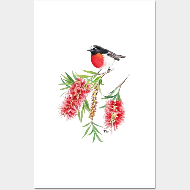 Scarlet Robin on Bottlebrush Flower Wall Art by PollaPosavec